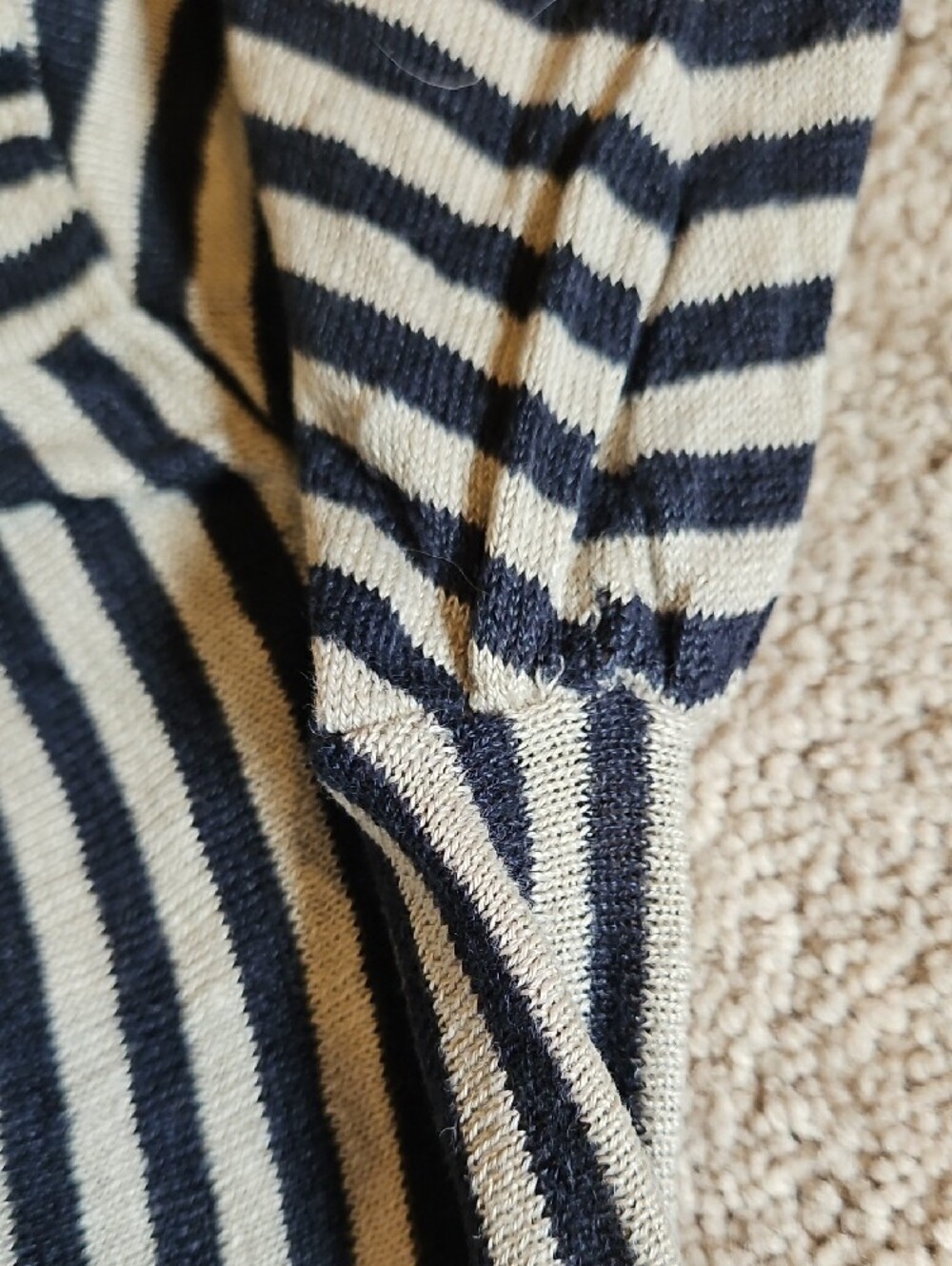 Gudrun Sjoden Navy and Oatmeal Striped Cotton Cardigan with Green Trim - Picture 7 of 13